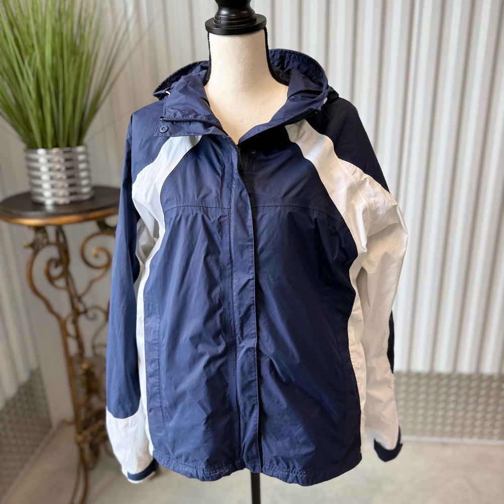 Columbia Rain Jacket Women XL Navy White Excellent Omni-Tech Waterproof Hooded
